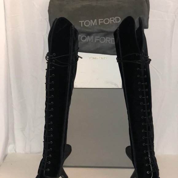 36 US 6 ❤️ TOM FORD BLACK Velvet OVER-the-KNEE Lace Up Cut Out Wedge BOOTS